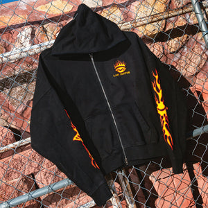 Distressed Flame Cropped Oversized Double Zip-Up Hoodie (Pre-Order)