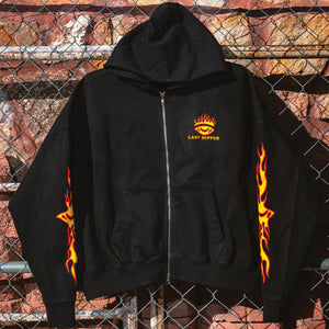 Distressed Flame Cropped Oversized Double Zip-Up Hoodie (Pre-Order)
