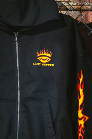 Distressed Flame Cropped Oversized Double Zip-Up Hoodie (Pre-Order)