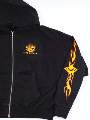 Distressed Flame Cropped Oversized Double Zip-Up Hoodie (Pre-Order)