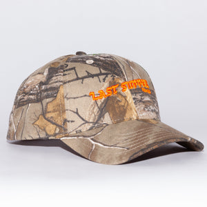 Last Supper Real Tree camo hat with orange logo and velcro back
